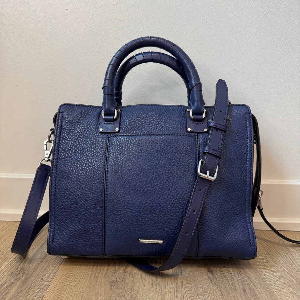Rebecca Minkoff Regan Satchel Navy Blue Pebbled Leather Silver Hardware Bag EUC